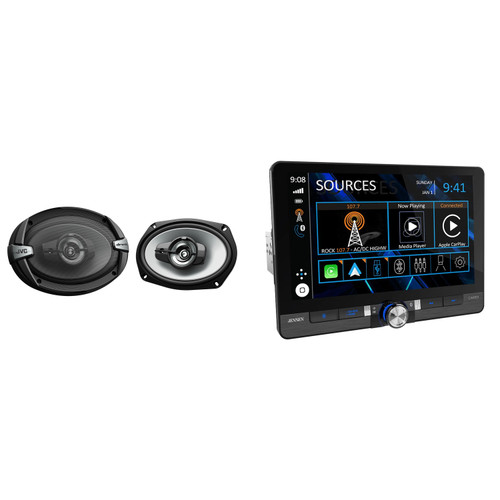 Jensen CAR813 8" Touch Screen Digital Multimedia Receiver Wireless or Wired Apple CarPlay and Android Auto Compatible with 1 Pair JVC CS-DR693 6x9 Inch Coaxial Speakers
