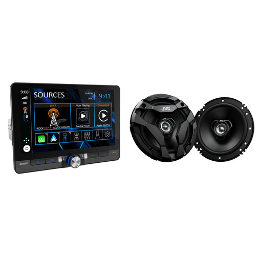 Jensen CAR813 8" Touch Screen Digital Multimedia Receiver Wireless or Wired Apple CarPlay and Android Auto Compatible with 1 Pair JVC CS-DF620 6.5" Drvn DF series 6.5" 2-Way Coaxial Speakers