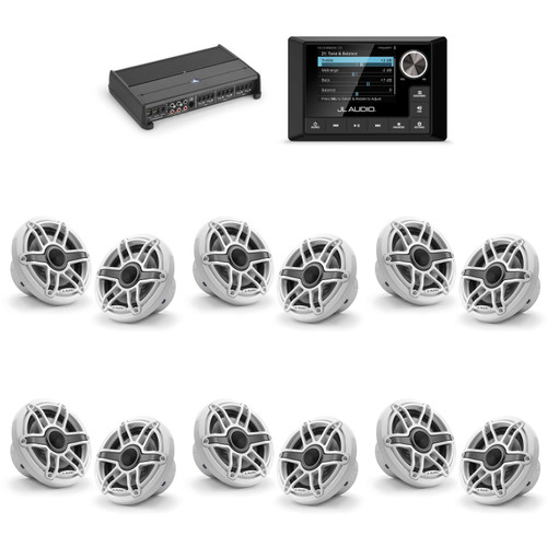 JL Audio MM105 & XDM600/6 w/ (6) M6-650X-S-GwGw, Gloss White, Sport Grille Speakers