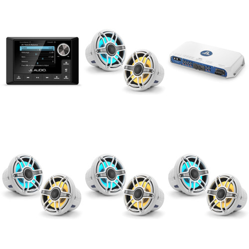 JL Audio MM105 & MV800/8i w/ (4) M6-880X-S-GwGw-i, RGB LED Gloss White, Sport Grille Speakers