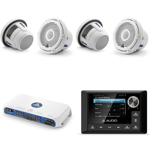 JL Audio MM105 & MV800/8i w/ (2) M6-880X-C-3Gw 8.8, Gloss White, White Tweeter, Classic Grille Speakers