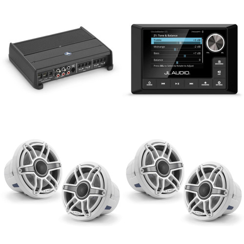 JL Audio MM105 & XDM400/4 w/ (2) M6-880X-S-GwGw, Gloss White, Sport Grille Speakers