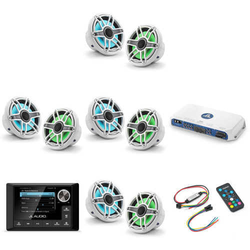 JL Audio MM105 & MV800/8i w/ (4) M6-770X-S-GwGw-i, RGB LED Gloss White, Sport Grille Speakers & LED Controller