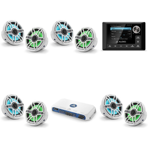 JL Audio MM105 & MV800/8i w/ (4) M6-770X-S-GwGw-i, RGB LED Gloss White, Sport Grille Speakers