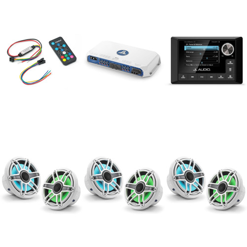 JL Audio MM105 & MV600/6i w/ (3) M6-770X-S-GwGw-i, RGB LED Gloss White, Sport Grille Speakers & LED Controller