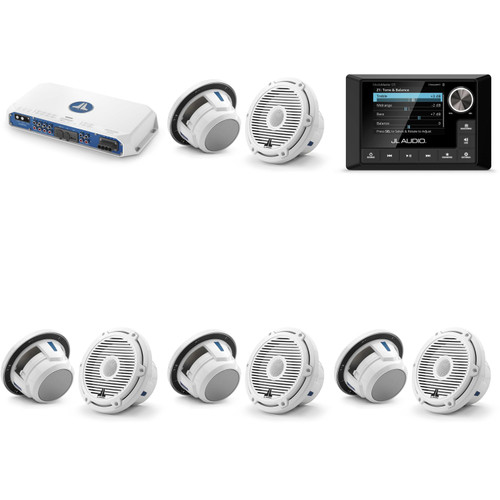 JL Audio MM105 & MV800/8i w/ (4) M6-770X-C-3Gw 7.7, Gloss White, White Tweeter, Classic Grille Speakers