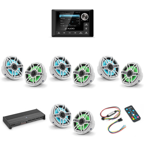 JL Audio MM105 & XDM800/8 w/ (4) M6-770X-S-GwGw-i, RGB LED Gloss White, Sport Grille Speakers & LED Controller