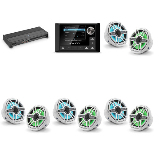 JL Audio MM105 & XDM800/8 w/ (4) M6-770X-S-GwGw-i, RGB LED Gloss White, Sport Grille Speakers