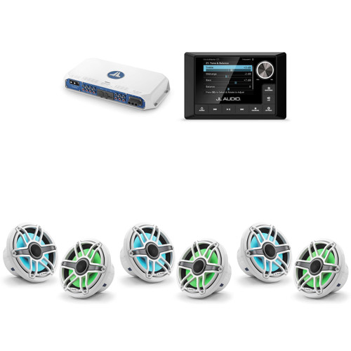 JL Audio MM105 & MV600/6i w/ (3) M6-770X-S-GwGw-i, RGB LED Gloss White, Sport Grille Speakers