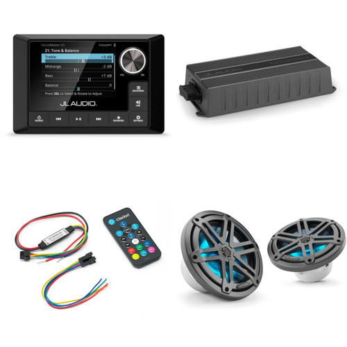 JL Audio MM105 & MX500/4 w/ M3-770X-S-Gm-i LED 7.7 Sport Grill Gunmetal Speakers & LED Remote