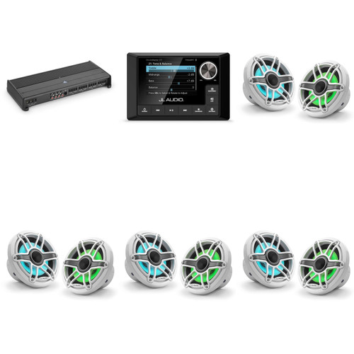 JL Audio MM105 & XDM800/8 w/ (4) M6-650X-S-GwGw-i, RGB LED Gloss White, Sport Grille Speakers
