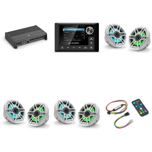 JL Audio MM105 & XDM600/6 w/ (3) M6-650X-S-GwGw-i, RGB LED Gloss White, Sport Grille Speakers & LED Controller