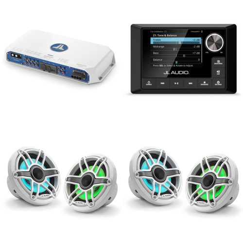 JL Audio MM105 & MV800/8i w/ (2) M6-650X-S-GwGw-i, RGB LED Gloss White, Sport Grille Speakers