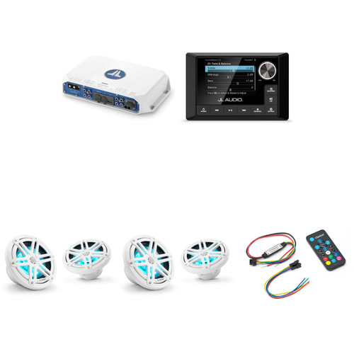 JL Audio MM105 & MV400/4i w/ (2) M3-650X-S-Gw-i RGB LED 6.5 Sport Grill White Speakers & LED Remote