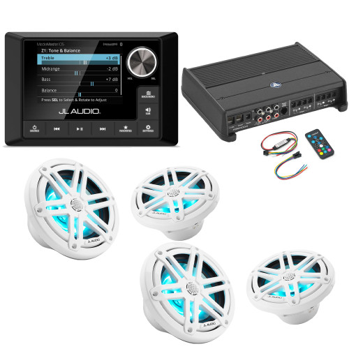 JL Audio MM105 & XDM400/4 w/ (2) M3-650X-S-Gw-i RGB LED 6.5 Sport Grill White Speakers & LED Remote