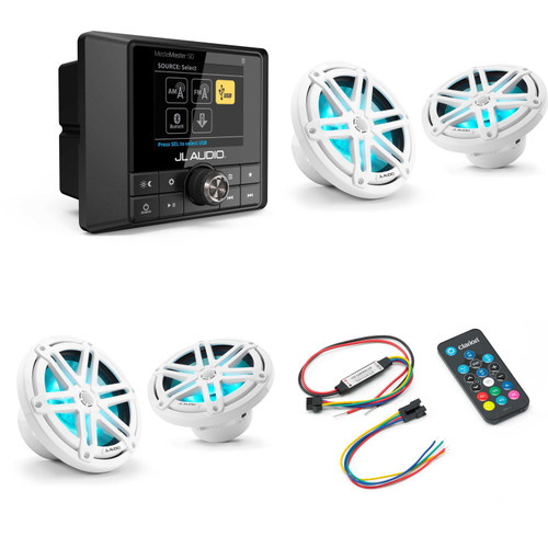 JL Audio MM50 - Marine source w/ (2) M3-770X-S-Gw-i RGB LED 7.7 Sport Grill White Speakers & LED Remote