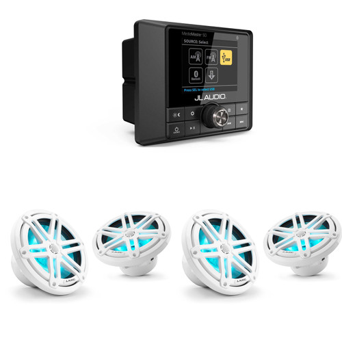 JL Audio MM50 - Marine source w/ (2) M3-770X-S-Gw-i RGB LED 7.7 Sport Grill White Speakers