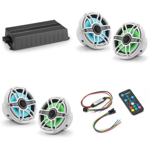 JL Audio MX500/4 w/ (2) M6-770X-S-GwGw-i, RGB LED Gloss White, Sport Grille Speakers & LED Controller