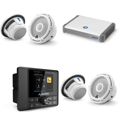 JL Audio MM50 & MHD600/4 w/ (2) M6-770X-C-3Gw 7.7, Gloss White, White Tweeter, Classic Grille Speakers