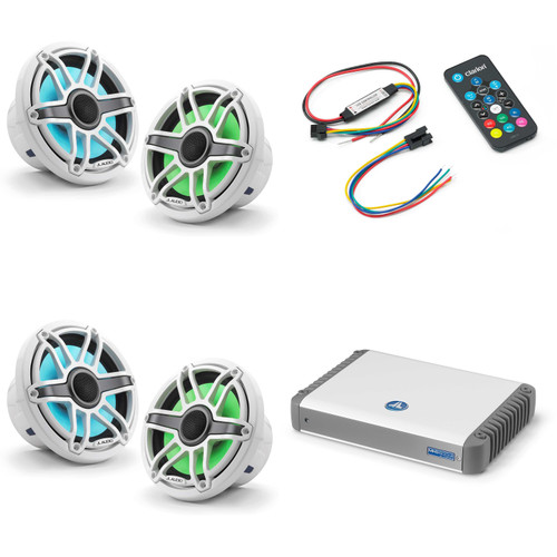 JL Audio MHD600/4 w/ (2) M6-770X-S-GwGw-i, RGB LED Gloss White, Sport Grille Speakers & LED Controller