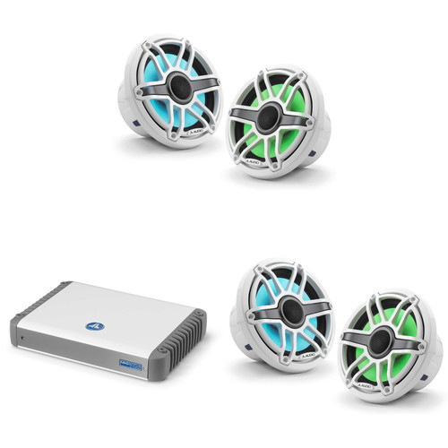 JL Audio MHD600/4 w/ (2) M6-770X-S-GwGw-i, RGB LED Gloss White, Sport Grille Speakers