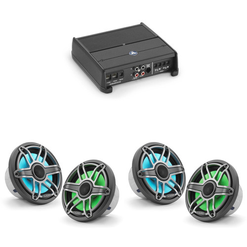 JL Audio XDM200/2 w/ (2) M6-770X-S-Gmti-i, RGB LED, Gunmetal & Titanium Sport Grille Speakers