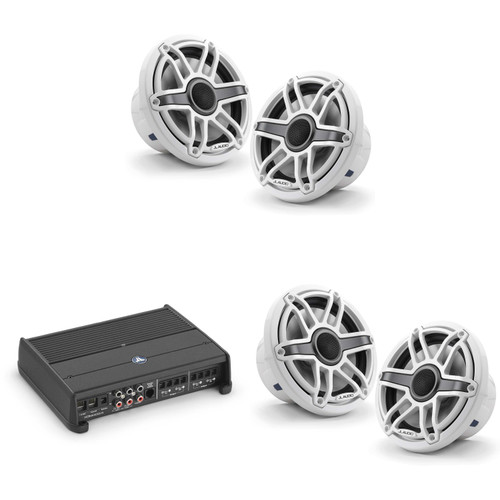 JL Audio XDM400/4 w/ (2) M6-770X-S-GwGw, Gloss White, Sport Grille Speakers