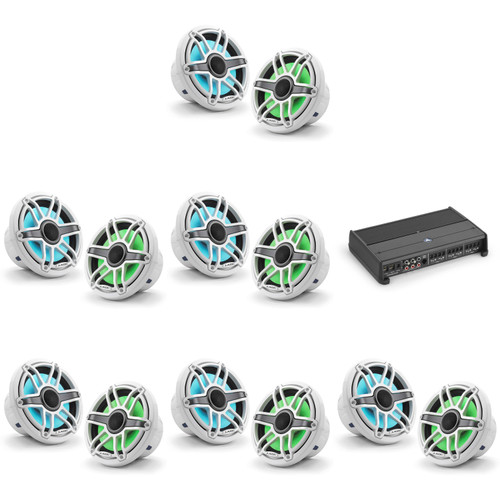 JL Audio XDM600/6 w/ (6) M6-770X-S-GwGw-i, RGB LED Gloss White, Sport Grille Speakers