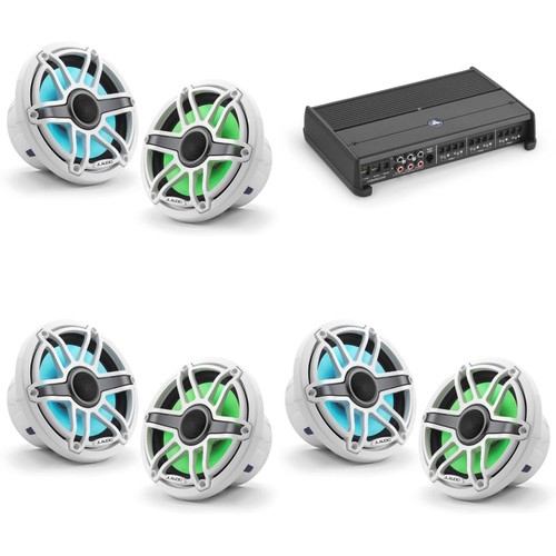 JL Audio XDM600/6 w/ (3) M6-770X-S-GwGw-i, RGB LED Gloss White, Sport Grille Speakers