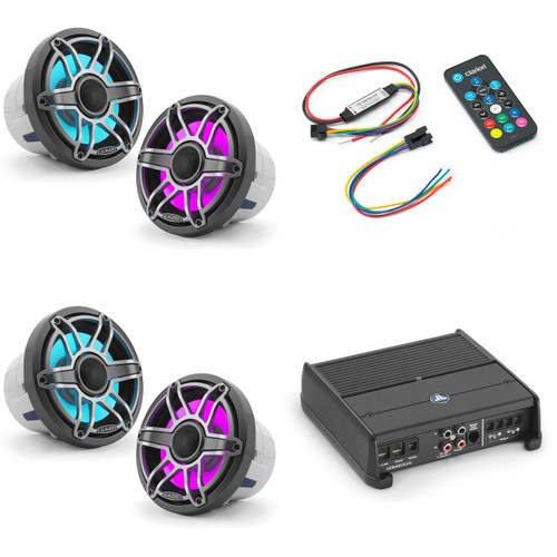 JL Audio XDM200/2 w/ (2) M6-880X-S-Gmti-i, RGB LED, Gunmetal & Titanium Sport Grille Speakers & LED Controller