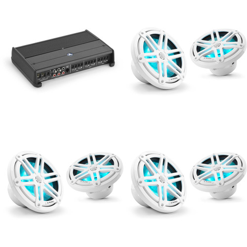 JL Audio XDM600/6 w/ (3) M3-770X-S-Gw-i RGB LED 7.7 Sport Grill White Speakers
