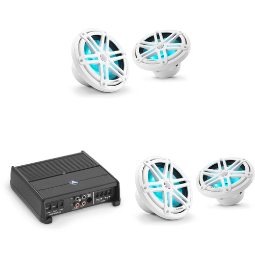 JL Audio XDM200/2 w/ (2) M3-770X-S-Gw-i RGB LED 7.7 Sport Grill White Speakers