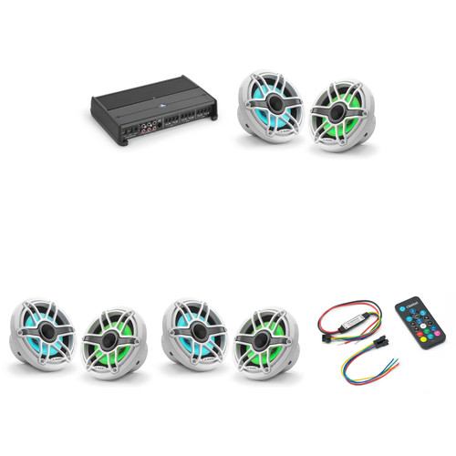 JL Audio XDM600/6 w/ (3) M6-650X-S-GwGw-i, RGB LED Gloss White, Sport Grille Speakers & LED Controller