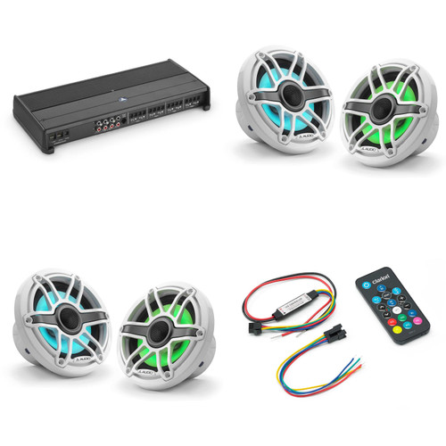 JL Audio XDM800/8 w/ (2) M6-650X-S-GwGw-i, RGB LED Gloss White, Sport Grille Speakers & LED Controller