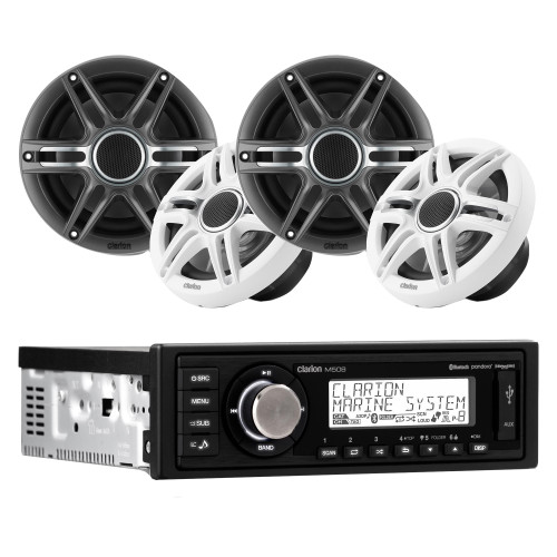 Clarion M508 Marine Single Din with (2) CMSP-651-SWG 6.5-inch Premium Marine Coaxial Speakers, Sport Grilles