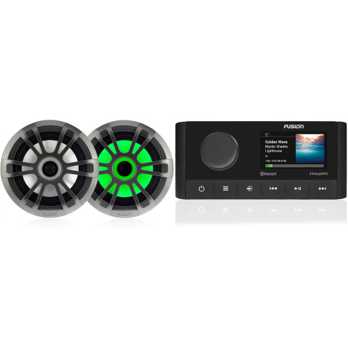 Fusion MS-RA210 Marine Entertainment System With Bluetooth & DSP, AM/FM, XM Ready with 1 Pair Fusion Entertainment EL-FL651SPG EL Series 6.5" 80 Watt Full Range Shallow Mount Marine Speakers with LEDs - Pair, Grey