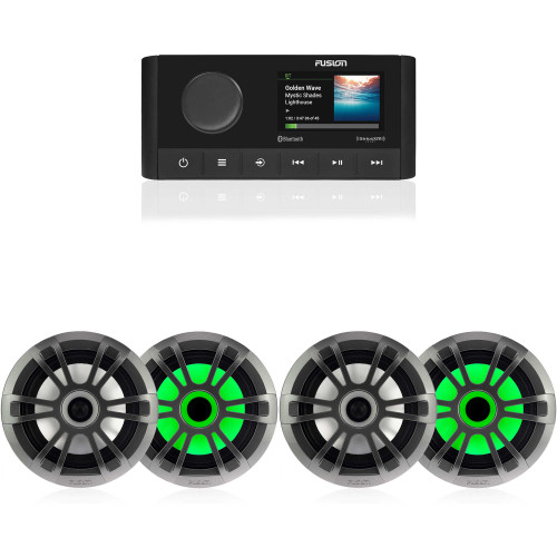 Fusion MS-RA210 Marine Entertainment System With Bluetooth & DSP, AM/FM, XM Ready with 2 Pairs Fusion Entertainment EL-FL651SPG EL Series 6.5" 80 Watt Full Range Shallow Mount Marine Speakers with LEDs - Pair, Grey