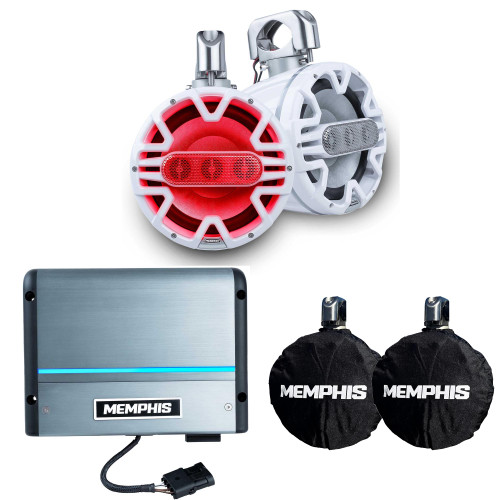 Memphis Audio MM84TW 8" White Tower Array Speakers with Outdoor Covers and MM600.2V 2-Channel Marine Amplifier