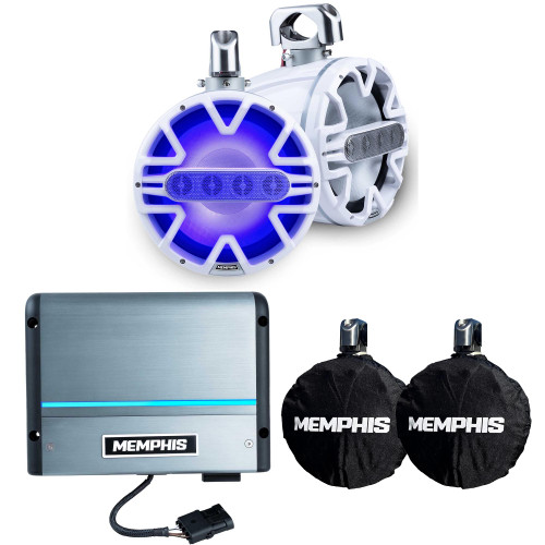 Memphis Audio 1 Pair of MM105TW 10" White Tower Speakers with Advanced Tower Array Construction and MM105TCVR 10" Outdoor cover and with MM600.2V 2-Channel Marine Amplifier