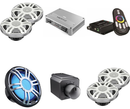 Hertz 2 Pairs of HMX 6.5 S-LD-SW Marine Coax and 1 HMS 10 S4-LD-SW 10" Marine Subwoofer with Venezia V5C 5-Channel Compact Marine Amplifier with remote knob and LED Controller