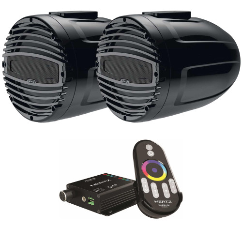 Hertz HTX 8 M-FL-TC 8" Black Marine Wake Tower Flat Mount Speaker Pair with LED Controller