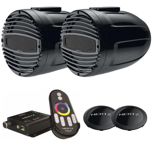 Hertz HTX 8 M-FL-TC 8" Black Marine Wake Tower Flat Mount Speaker Pair with Rear LED Logo and LED Controller
