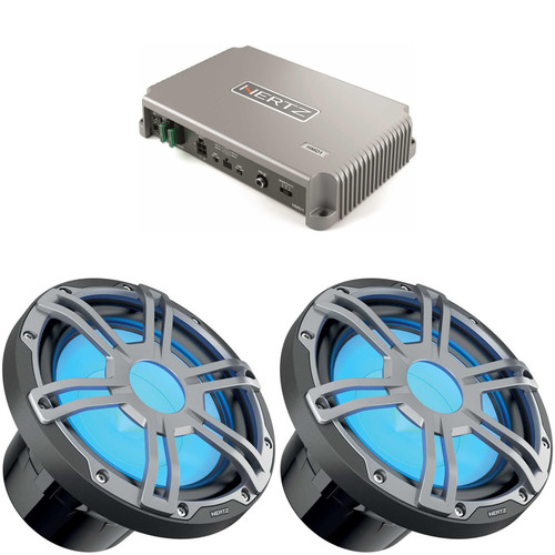 Hertz HMD1 High Power Marine Mono Amplifier with 2 HMS 10 S2-LD-G 10" 2-Ohm Marine Subwoofer with RGB LEDs, Gray Sport Grille
