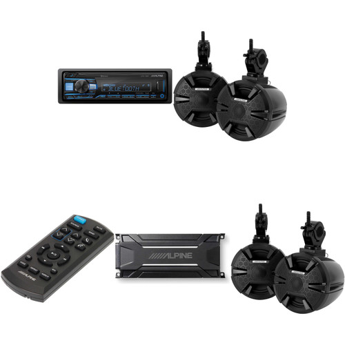 Alpine (2) SPV-65RGB-CAN 6.5” Cage-Mounted Universal Weather-Resistant Coaxial RGB LED Speaker Pods with KTA-30FW Amp & UTE-73BT Source & Remote