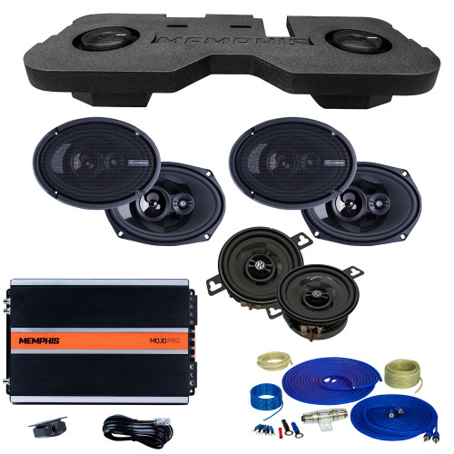 Memphis Audio 2 Pairs PRX6903 6x9" 3-Way Speakers and PRXP3 3" Coax with MJMERAM8D1v2 Dual 8" Loaded Enclosure compatible with 12-18 Ram with 1500W Memphis Amplifier and Wiring Kit