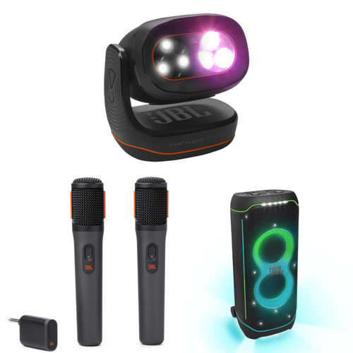 JBL PartyBox Ultimate Powerful with JBLPBWIRELESSMICAM Two digital wireless microphones and PartyLight Beam Bluetooth projection party light