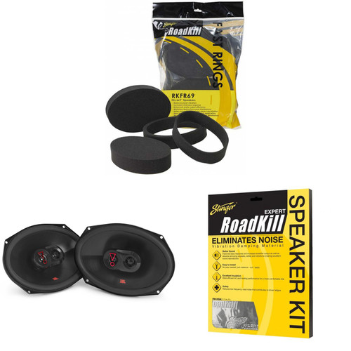 JBL Stage39637FAM Stage3 6x9" Three-Way Car Audio Speakers - No Grills with RKXSK Roadkill Speaker Sound Deadening Kit 2-Peice: 1.7sq-ft total (10” x 12”) and RKFR6 Fast Rings 6" & 6.5"