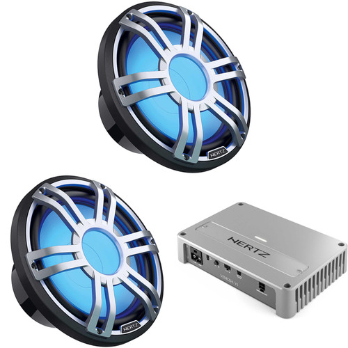 Hertz Venezia V1 Monoblock Subwoofer Marine Amplifier with 2 HMS 12 S2-LD-G - 12" 2 Ohm Marine Subwoofer with RGB LEDs, Gray Sport Grille