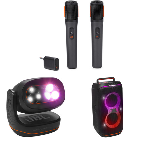 JBL PartyBox 120 Black with JBLPBWIRELESSMICAM Two digital wireless microphones and PartyLight Beam Bluetooth projection party light