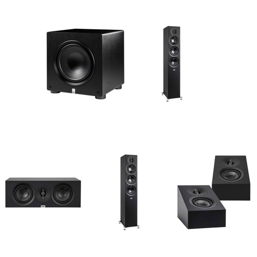 Elac DF53 BK Debut 3.0 5.25 Floor Speaker Black Pair ELAC DA43 BK Debut 3.0 DA43 BK Atmos On Wall speaker Elac PS350 Subwoofer and Elac DC53 Center Channel Creative Audio